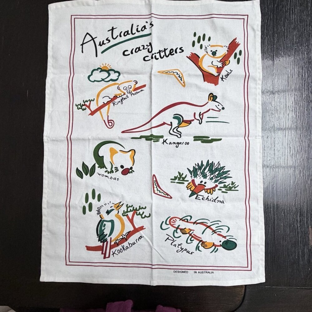 Tea Towel Pure Linen Australian Crazy Critters Koala Kangaroo Platypus Kitchen